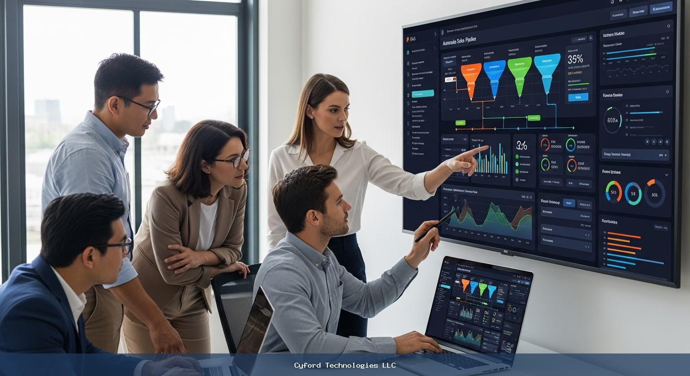 professionals reviewing automated sales pipeline on digital dashboard